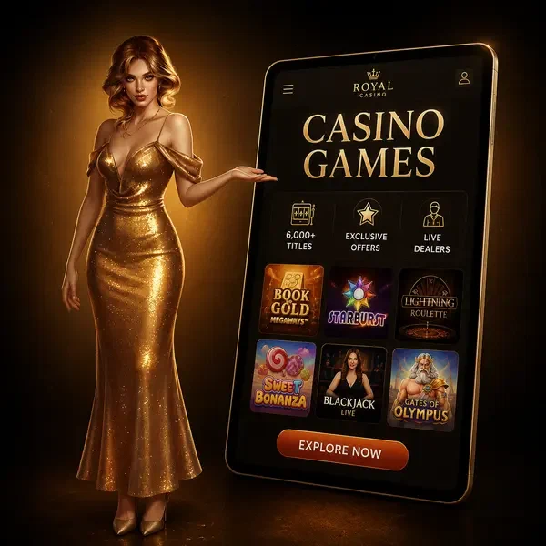 Gouden gastvrouw presenteert casino games selectie bij Vipzino met tablet display