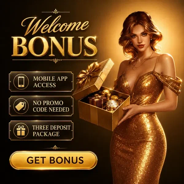Gouden gastvrouw presenteert welkomstbonus cadeau bij Vipzino mobiele app interface