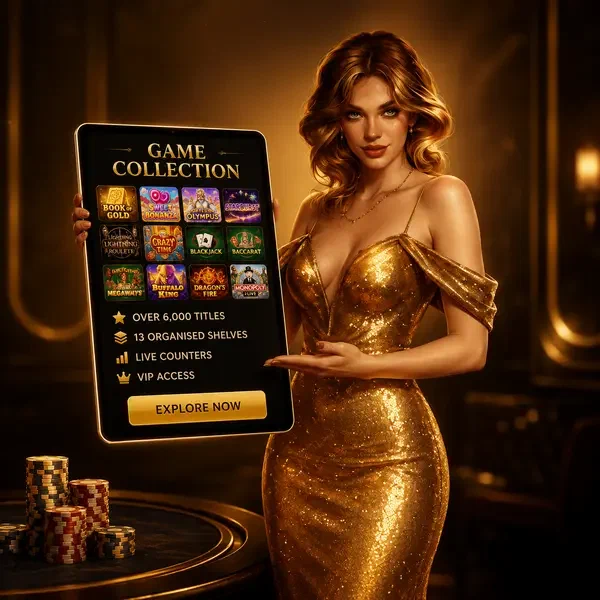 VIP gastvrouw presenteert Vipzino's uitgebreide spelcollectie aan spelers die klaar zijn om zich aan te melden