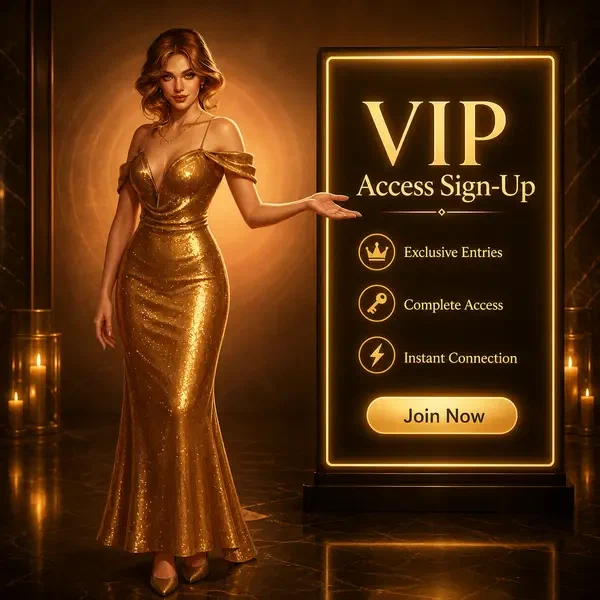 Gouden hostess presenteert VIP sign-up scherm terwijl speler account aanmaakt bij Vipzino