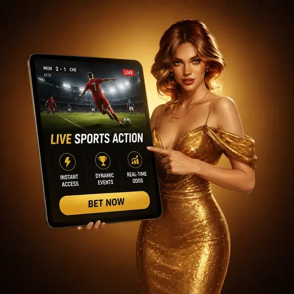 Elegante gastvrouw presenteert sportwedden actie bij Live Sports Action Today tabletdisplay