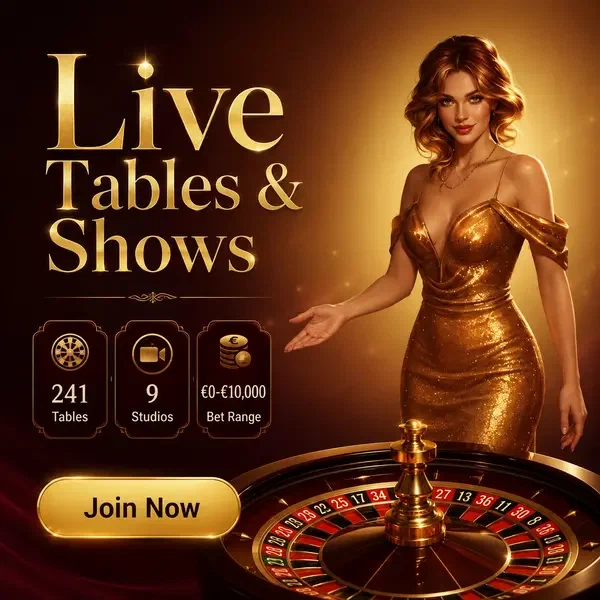 Elegante gastvrouw gebaart naar roulettewiel bij Live Tables & Shows live casino studio